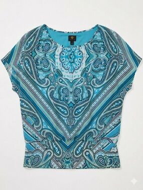 JM Collection Turquoise Blue Paisley Short Sleeve Top